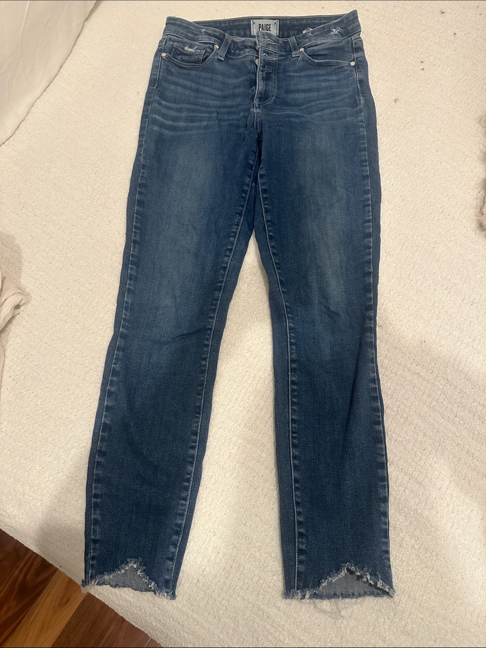 PAIGE Dark Blue Cropped Straight Jeans with Raw Hem